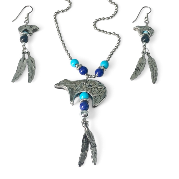 Native American Necklace & Earring Set Silver Bear Feathers Turquoise Blue Beads - Picture 4 of 6